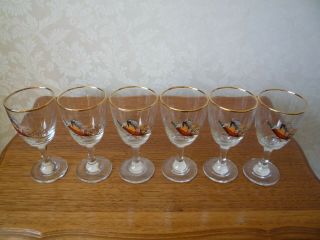 Set Of 6 Vintage Small Stemmed Glasses With Picture Of Pheasant 4 3/8 " High
