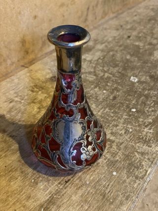 Vintage STERLING Silver Overlay Red Glass Vases 10 