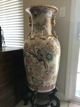 Huge Vintage Handpainted Birds & Flower Chinese Porcelain Vases,  36 " Tall,  18 " W