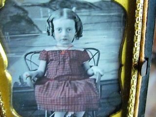 Little Girl Sitting In Front Of Backdrop & Red Colored Dress Daguerreotype Photo
