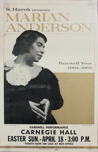 1965 Marian Anderson Farewell Tour Carnegie Hall Window Card Poster