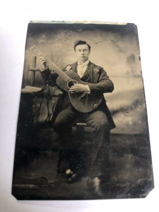1/6 Plate Tintype Man Playing Guitar With Book On Table