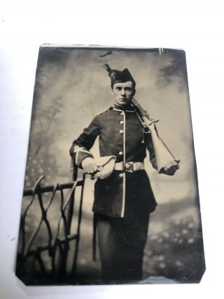 1/6 Plate Tintype Soldier With Gun Belt Haversack Uniform Hat Civil War Era