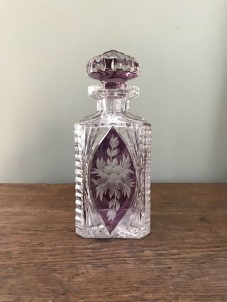 Vintage Bohemian Amethyst Cut To Clear Crystal Glass 9” Tall Decanter & Stopper