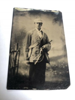 1/6 Plate Tintype Man With Gun Long Pistol Butt Civil War Hunter
