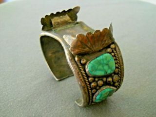 Cs Old Native American Blue Green Turquoise Sterling Silver Watch Cuff Bracelet