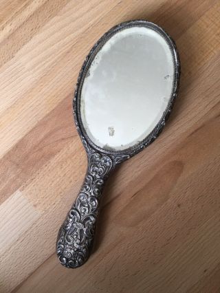 Antique Solid Sterling Silver Backed Hand Mirror In Worn Art Nouveau
