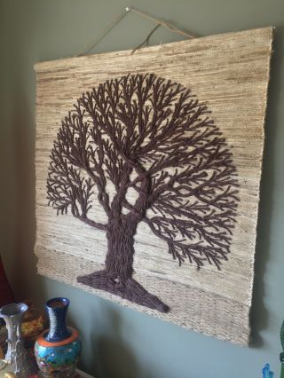 Vintage Tree Of Life Woven Panel Wall Hanging Art Handspun Embroidered Large 36”