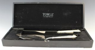 Signed Towle Silver Plate Wedding Cake Knife And Server Set In Presentation Box