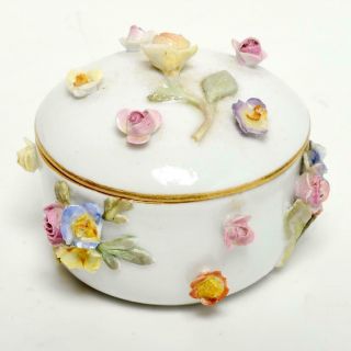 Vintage Meissen Porcelain Trinket Box,  Raised Applied Flowers,  Gilt,  Signed