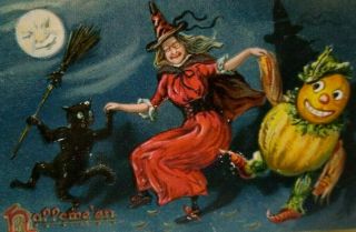 Vintage Halloween Postcard Tucks Witch Dances Goblin Black Cat Gothic Series 150