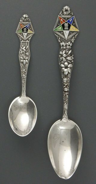 2 Order Of The Eastern Star Sterling Silver Souvenir Spoons Enamel Star
