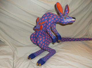 Vintage Large Oaxacan Wood Carving Kangaroo And Joey By 1st Wave Carver L.  Pablo