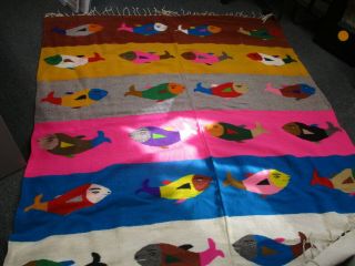 Vintage Mexico Hand Woven Colorful Wool Rug With Fish 72 " X 80 " Gorgeous