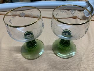 2 Vintage German Roemer Wine Glass Gold Rim Green Beehive Stem Goblets Grapes