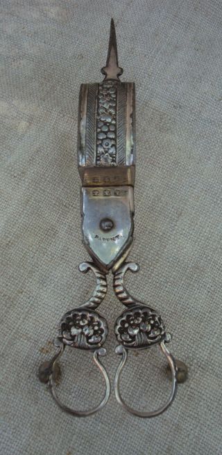 Antique Victorian Ornate Silverplate Candle Snuffer Wick Trimmer Scissors Marked