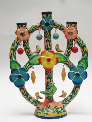 Vintage Large Attrib.  Flores Family Mexican Tree Of Life Candelabra 13 "