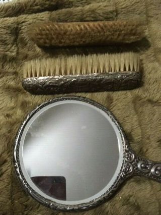 Sterling Silver Vintage Vanity Set Hand Held Mirror And Two 2 Clothes Hair Brush