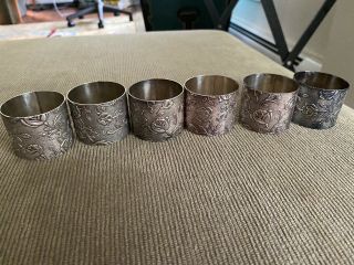 Set Of 6 Vintage Silverplate Napkin Rings With Repousse Roses