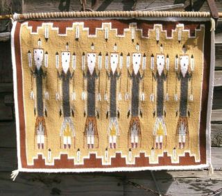 Vintage Navajo Native American Yei 7 Figure Pictorial Rug Blanket Tapestry