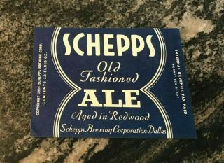 Vintage Irtp Schepps Ale 12 Oz Beer Bottle Label Schepps Brewing Co Dallas Tx