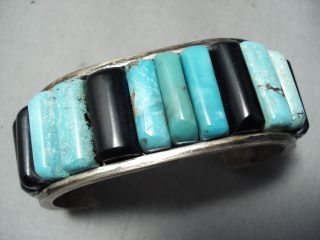 Thick Heavy Vintage Navajo Carico Lake Turquoise Sterling Silver Inlay Bracelet