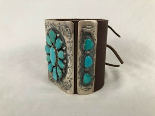 Navajo Native American Stamped Sterling Silver Ketoh Bow Guard Turquoise Leather 3
