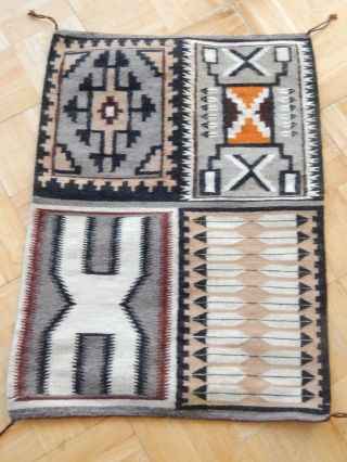 Vintage Navajo Indian 4 Square Two Grey Hills Rug Blanket Weaving - A,