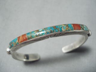 Detailed Inlay Vintage Navajo Royston Turquoise Sterling Silver Bracelet