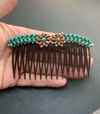 Rare Large Vintage Zuni Sterling Silver Turquoise Coral Petit Point Hair Comb