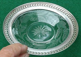 Vintage Sterling Silver Rim 5 " Etched Floral Glass Plate C.  1930 