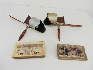 2 Antique Underwood Stereo Viewers / Hand Held Stereoscope Parts & 60 Slides