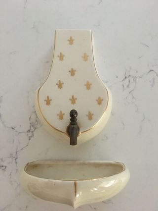 Vintage Hand Painted Catholic Holy Water Font With Brass Spigot