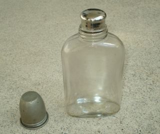 Antique Glass Hip Flask With Cover And Mini Shot Glass Top Vintage Old 5.  5 " Tall