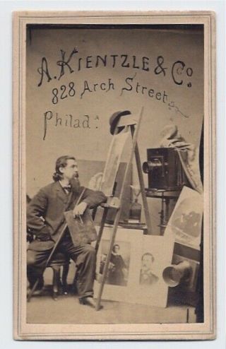 Photographer & Cameras In Studio Trade Card By A.  Kientzle Phila Pa 1860s Cdv