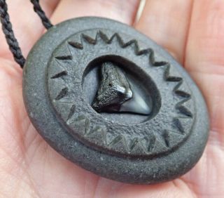Rhys Hall Hand Carved Inlaid Ancient Fossil Nz Greywacke Beach Pebble Necklace