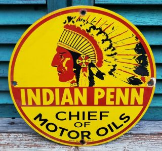 Vintage Indian Penn Chief Motor Oil Porcelain Gas Station Sign 37
