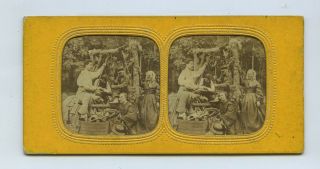 Rural Scene - People & A Well - Early Tissue Stereoview C1850s - Fraget ?