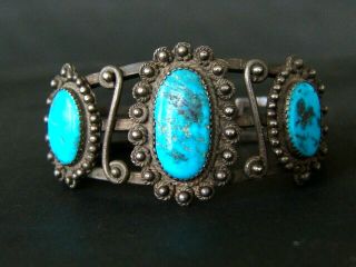 Heavy Vintage Navajo Silver And Turquoise Three Stone Bracelet