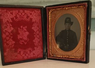 Civil War Sixth Plate Tintype of Infantryman in Flag Embossed Case 3