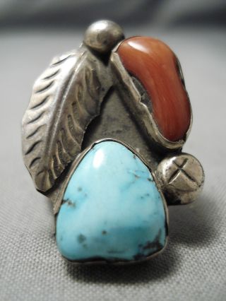 Important Early Platero Vintage Navajo Turquoise Coral Sterling Silver Ring