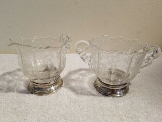 Vintage Etched Floral Glass Sugar And Creamer Set With Sterling Silver Base