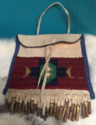 Vintage Native American Beaded Strike A Lite Bag Pouch Glass Beads Metal Cones 3