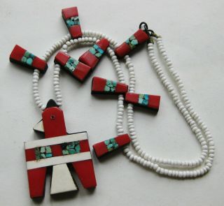 Vtg Santo Domingo Pueblo Indian Red Coral Mosaic Thunderbird Beaded Necklace