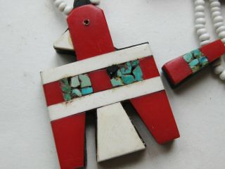 Vtg Santo Domingo Pueblo Indian Red Coral Mosaic Thunderbird Beaded Necklace 2