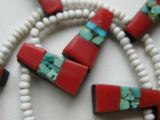 Vtg Santo Domingo Pueblo Indian Red Coral Mosaic Thunderbird Beaded Necklace 3