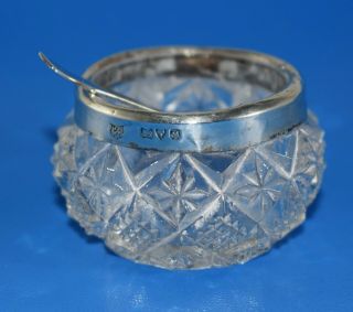 Chester Sterling Silver Rimmed Cut Glass Salt Pot With Spoon