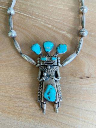 Vintage Navajo Helen Long Sterling Turquoise Kachina Necklace Pendant Bolo Tie