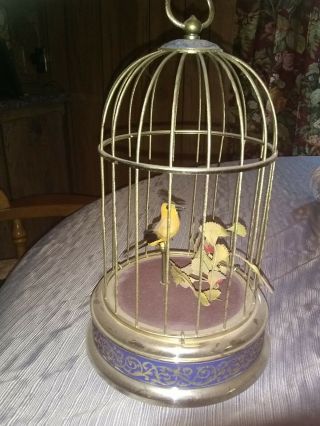 Vintage West Germany Bird In Cage Wind Up Musical Chirping