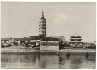 C.  1900 Photo China Temple And Pagoda On The Waterfront Hankow?